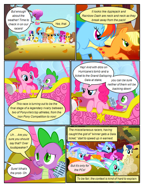 Size: 612x792 | Tagged: safe, artist:newbiespud, derpibooru import, edit, edited screencap, screencap, applejack, berry punch, berryshine, bon bon, carrot top, diamond mint, golden harvest, linky, lyra heartstrings, pinkie pie, rainbow dash, shoeshine, spike, sweetie drops, dragon, earth pony, pegasus, pony, unicorn, comic:friendship is dragons, fall weather friends, background pony, comic, dialogue, female, flying, grin, hat, hot air balloon, male, mare, megaphone, microphone, multeity, running, running of the leaves, screencap comic, slit eyes, smiling, worried