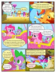 Size: 612x792 | Tagged: safe, artist:newbiespud, derpibooru import, edit, edited screencap, screencap, applejack, berry punch, berryshine, bon bon, carrot top, diamond mint, golden harvest, linky, lyra heartstrings, pinkie pie, rainbow dash, shoeshine, spike, sweetie drops, dragon, earth pony, pegasus, pony, unicorn, comic:friendship is dragons, fall weather friends, background pony, comic, dialogue, female, flying, grin, hat, hot air balloon, male, mare, megaphone, microphone, multeity, running, running of the leaves, screencap comic, slit eyes, smiling, worried