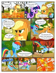 Size: 612x792 | Tagged: safe, artist:newbiespud, derpibooru import, edit, edited screencap, screencap, applejack, berry punch, berryshine, bon bon, lyra heartstrings, rainbow dash, sweetie drops, twilight sparkle, earth pony, pegasus, pony, unicorn, comic:friendship is dragons, fall weather friends, angry, background pony, bound wings, comic, dialogue, eyes closed, faceplant, female, freckles, hat, leaves, mare, onomatopoeia, rope, running, running of the leaves, screencap comic, smiling, tripping, unicorn twilight, wings