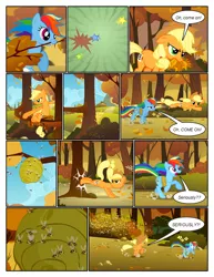 Size: 612x792 | Tagged: safe, artist:newbiespud, derpibooru import, edit, edited screencap, screencap, applejack, rainbow dash, bee, earth pony, insect, pegasus, pony, comic:friendship is dragons, fall weather friends, annoyed, beehive, bound wings, bucking, comic, dialogue, female, freckles, hat, mare, mouth hold, rope, running, running of the leaves, screencap comic, speech bubble, swarm, wings