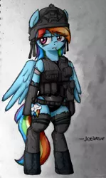 Size: 1580x2653 | Tagged: safe, artist:jetwave, derpibooru import, rainbow dash, pegasus, pony, semi-anthro, bandage, bipedal, boots, clothes, colored sketch, female, helmet, mare, military, one-piece swimsuit, operator, shoes, socks, soldier, solo, swimsuit, toothpick, traditional art