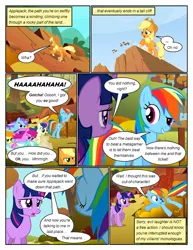 Size: 612x792 | Tagged: safe, artist:newbiespud, derpibooru import, edit, edited screencap, screencap, applejack, berry punch, berryshine, bon bon, carrot top, diamond mint, golden harvest, lyra heartstrings, rainbow dash, sweetie drops, twilight sparkle, earth pony, pegasus, pony, unicorn, comic:friendship is dragons, fall weather friends, angry, annoyed, background pony, cliff, comic, dialogue, female, freckles, hat, laughing, looking down, mare, rope, running, running of the leaves, screencap comic, surprised, unicorn twilight, worried