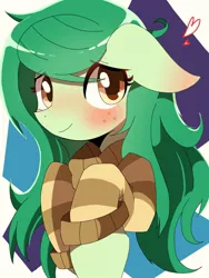 Size: 768x1024 | Tagged: safe, artist:erufi, derpibooru import, wallflower blush, ponified, earth pony, pony, blushing, clothes, cute, equestria girls ponified, female, floppy ears, flowerbetes, heart, mare, solo, sweater, sweet dreams fuel