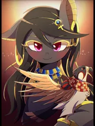 Size: 768x1024 | Tagged: safe, artist:erufi, derpibooru import, bird, earth pony, falcon, pony, anubis, blushing, ear piercing, earring, egyptian, female, horus, jewelry, looking at you, mare, piercing, solo