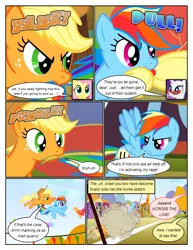 Size: 612x792 | Tagged: safe, artist:newbiespud, derpibooru import, edit, edited screencap, screencap, amethyst star, applejack, berry punch, berryshine, bon bon, carrot top, cherry berry, fluttershy, golden harvest, parasol, rainbow dash, rarity, sweetie drops, twinkleshine, earth pony, pegasus, pony, unicorn, comic:friendship is dragons, fall weather friends, angry, background pony, background pony audience, ball of violence, comic, dialogue, female, flying, freckles, frown, glasses, hat, jumping, mare, mouth hold, onomatopoeia, rope, running, running of the leaves, screencap comic, tail, tail pull