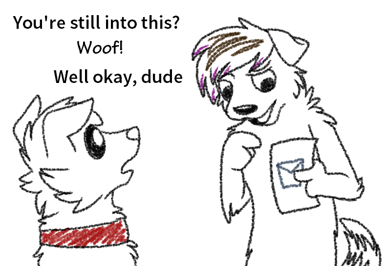 Size: 788x545 | Tagged: anthro, artist:askwinonadog, ask, ask winona, derpibooru import, description is relevant, dialogue, dog, duo, furry, furry oc, limited palette, oc, oc:mod dog, safe, simple background, tumblr, white background, winona, woof