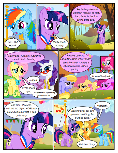 Size: 612x792 | Tagged: safe, artist:newbiespud, derpibooru import, edit, edited screencap, screencap, applejack, cloud kicker, dizzy twister, fluttershy, orange swirl, pinkie pie, rainbow dash, rarity, twilight sparkle, earth pony, pegasus, pony, unicorn, comic:friendship is dragons, fall weather friends, background pony, clothes, comic, dialogue, dress, female, glasses, grin, hoof shoes, injured, looking up, mane six, mare, measuring tape, medal, messy mane, open mouth, running of the leaves, screencap comic, smiling, surprised, tired, unicorn twilight, walking