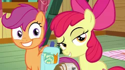 Size: 1920x1080 | Tagged: safe, derpibooru import, screencap, apple bloom, scootaloo, earth pony, pony, growing up is hard to do, bag, bow, carrot, chips, clubhouse, crusaders clubhouse, duo, female, filly, foal, food, grin, hair bow, lidded eyes, raised eyebrow, saddle bag, smiling, smirk, smug, snacks, spread wings, wide eyes, wings