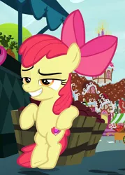 Size: 645x900 | Tagged: safe, derpibooru import, screencap, apple bloom, earth pony, pony, the big mac question, bipedal, bipedal leaning, bow, cool, cropped, faic, female, filly, hair bow, leaning, lidded eyes, offscreen character, ponyville, pose, raised eyebrow, smiling, smirk, solo, solo focus, sugarcube corner