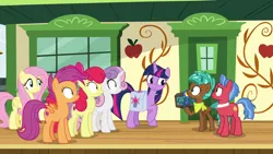 Size: 1920x1080 | Tagged: safe, derpibooru import, screencap, apple bloom, biscuit, fluttershy, scootaloo, spur, sweetie belle, twilight sparkle, twilight sparkle (alicorn), alicorn, pegasus, pony, growing up is hard to do, bag, cutie mark, cutie mark crusaders, female, male, mare, older, older apple bloom, older cmc, older scootaloo, older sweetie belle, saddle bag, the cmc's cutie marks, train station