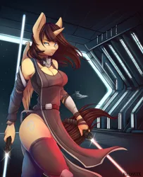 Size: 2430x3000 | Tagged: alicorn, alicorn oc, anthro, anthro oc, artist:redwix, breasts, clothes, commission, crossover, derpibooru import, detailed background, disney, double lightsaber, female, hangar, high res, horn, lightsaber, lucasfilm, oc, oc:eternal light, rule 63, safe, solo, space, spaceship, star destroyer, stars, star wars, unofficial characters only, weapon, wings, ych result