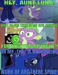 Size: 638x819 | Tagged: safe, artist:undeadponysoldier, derpibooru import, edit, edited screencap, editor:undeadponysoldier, screencap, princess luna, spike, alicorn, ghost, pony, undead, luna eclipsed, caption, comic, compliment, discovery family logo, fanart, female, image macro, mare, nightmare night, screencap comic, text, vortex