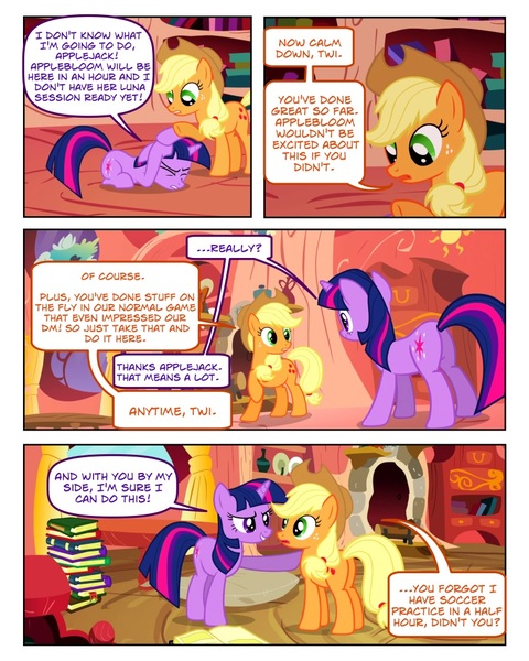 Size: 800x1000 | Tagged: safe, artist:mykin, artist:newbiespud, derpibooru import, edit, edited screencap, screencap, applejack, twilight sparkle, earth pony, pony, unicorn, comic:friendship is dragons, book, collaboration, comic, dialogue, eyes closed, female, freckles, golden oaks library, grin, hat, looking down, mare, prone, raised hoof, screencap comic, smiling, unicorn twilight, wide eyes