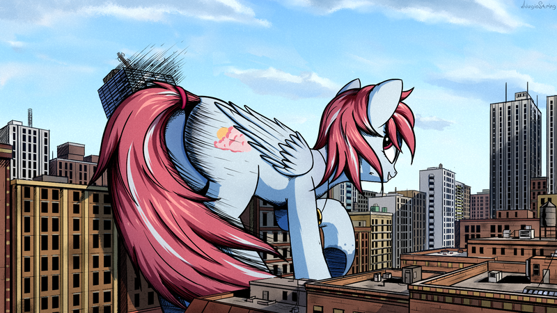 Size: 1920x1080 | Tagged: safe, artist:adagiostring, derpibooru import, oc, oc:evening skies, unofficial characters only, pegasus, pony, city, destruction, female, giant pony, giantess, looking back, macro, mare, solo
