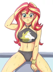 Size: 1555x2110 | Tagged: suggestive, artist:sumin6301, derpibooru import, sunset shimmer, human, equestria girls, arm behind head, beautiful, belly button, bikini, blushing, breasts, clothes, cutie mark, cutie mark on clothes, looking at you, sexy, simple background, summer sunset, sweat, swimsuit, white background