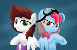 Size: 800x524 | Tagged: safe, artist:jhayarr23, derpibooru import, oc, oc:aurora breeze, oc:graph travel, unofficial characters only, pegasus, pony, aviator goggles, aviator hat, back to back, clothes, duo, female, freckles, goggles, hat, looking at you, mare, scarf, smiling, vest