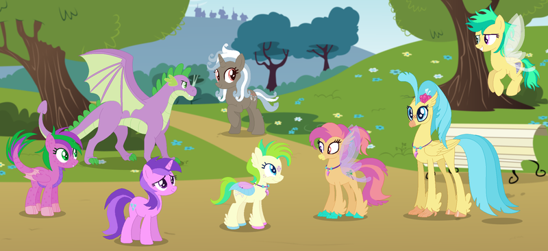 Size: 2311x1057 | Tagged: safe, artist:razorbladetheunicron, derpibooru import, amethyst star, princess skystar, spike, twirly, oc, oc:charred sapphire, oc:firestorm swirl, oc:sandy, oc:windy blitz, breezie, dracony, dragon, hippogriff, hybrid, pony, unicorn, lateverse, my little pony: the movie, adult, adult spike, amespike, breezie hybrid, group, hippogriff hybrid, magical lesbian spawn, next generation, offspring, older, older spike, parent:amethyst star, parent:princess skystar, parent:spike, parent:twirly, parents:amespike, parents:skytwirl, skytwirl, unshorn fetlocks