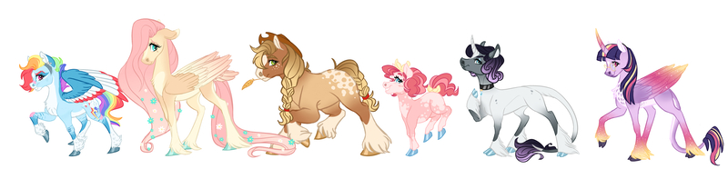 Size: 6600x1534 | Tagged: safe, artist:eperyton, derpibooru import, applejack, fluttershy, pinkie pie, rainbow dash, rarity, twilight sparkle, twilight sparkle (alicorn), alicorn, classical unicorn, pegasus, pony, unicorn, alternate design, bow, braid, braided tail, chest fluff, choker, cloven hooves, colored hooves, colored wings, colored wingtips, cowboy hat, dappled, ethereal wings, female, flower, flower in hair, glasses, gradient hooves, gradient wings, hair bow, hat, image, jpeg, leonine tail, line-up, mane six, mare, missing cutie mark, redesign, simple background, starry wings, straw in mouth, tail bow, twitterina design, unshorn fetlocks, white background, wings