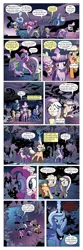 Size: 651x1956 | Tagged: safe, artist:amy mebberson, derpibooru import, edit, idw, applejack, fluttershy, larry, pinkie pie, princess luna, rainbow dash, shadowfright, spike, twilight sparkle, alicorn, dragon, earth pony, pegasus, pony, unicorn, comic:friendship is dragons, spoiler:comic, spoiler:comic08, comic, dialogue, eyes closed, female, fire ruby, flying, freckles, gem, glowing horn, horn, male, mare, nightmare (entity), raised hoof, ruby, s1 luna, scared, shadow, space, text edit, unicorn twilight