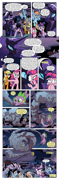 Size: 651x1960 | Tagged: safe, artist:amy mebberson, derpibooru import, edit, idw, applejack, fluttershy, jerome, larry, nightmare rarity, pinkie pie, princess luna, rainbow dash, rarity, shadowfright, twilight sparkle, alicorn, dragon, earth pony, pegasus, pony, unicorn, comic:friendship is dragons, spoiler:comic, spoiler:comic08, comic, dialogue, female, fight, fire ruby, flying, gem, glowing eyes, laughing, male, mane six, mare, nightmare (entity), one eye closed, raised hoof, ruby, s1 luna, scared, slit eyes, text edit, unicorn twilight, wink