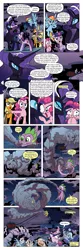 Size: 651x1960 | Tagged: safe, artist:amy mebberson, derpibooru import, edit, idw, applejack, fluttershy, jerome, larry, nightmare rarity, pinkie pie, princess luna, rainbow dash, rarity, shadowfright, twilight sparkle, alicorn, dragon, earth pony, pegasus, pony, unicorn, comic:friendship is dragons, spoiler:comic, spoiler:comic08, comic, dialogue, female, fight, fire ruby, flying, gem, glowing eyes, laughing, male, mane six, mare, nightmare (entity), one eye closed, raised hoof, ruby, s1 luna, scared, slit eyes, text edit, unicorn twilight, wink