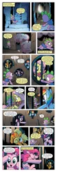 Size: 651x1964 | Tagged: safe, artist:amy mebberson, derpibooru import, edit, idw, applejack, fluttershy, pinkie pie, rainbow dash, spike, twilight sparkle, dragon, earth pony, pegasus, pony, unicorn, comic:friendship is dragons, spoiler:comic, spoiler:comic08, bag, comic, dialogue, female, fire ruby, freckles, frown, gem, hiding, male, mare, onomatopoeia, prison, ruby, sad, smiling, text edit, unicorn twilight