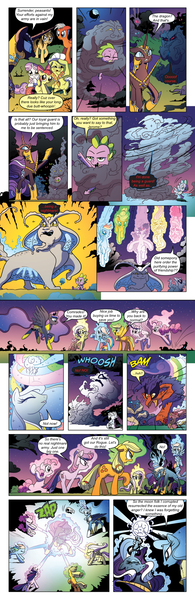 Size: 651x2000 | Tagged: safe, artist:amy mebberson, derpibooru import, edit, idw, apple bloom, applejack, fluttershy, granny smith, jerome, larry, nightmare rarity, pinkie pie, princess luna, rainbow dash, rarity, shadowfright, spike, sweetie belle, twilight sparkle, dragon, earth pony, pegasus, pony, unicorn, comic:friendship is dragons, spoiler:comic, spoiler:comic08, armor, blast, clothes, comic, dialogue, eyes closed, female, filly, flying, full moon, glowing horn, helmet, horn, lidded eyes, magic, magic beam, magic blast, male, mane seven, mane six, mare, moon, night, nightmare (entity), pointing, pronking, raised hoof, s1 luna, scarf, sitting, stallion, stars, sweat, text edit, unicorn twilight