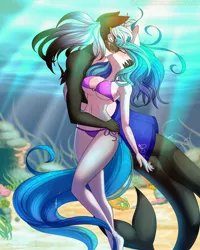 Size: 2000x2500 | Tagged: suggestive, artist:silverfox057, derpibooru import, edit, oc, oc:bubble lee, oc:imago, oc:mako, unofficial characters only, anthro, earth pony, hybrid, orca, orca pony, original species, unicorn, anthro oc, belly button, big breasts, bikini, blushing, breasts, chest freckles, clothes, couple, eyes closed, female, flankles, freckles, french kiss, gradient mane, kissing, makolee, male, oc x oc, shipping, shoulder freckles, straight, swimming, swimsuit, underboob, underwater