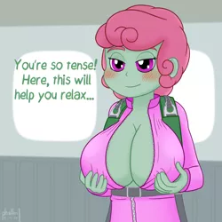 Size: 1500x1500 | Tagged: suggestive, artist:phallen1, derpibooru import, oc, oc:windcatcher, unofficial characters only, equestria girls, absolute cleavage, bedroom eyes, big breasts, blushing, breast hold, breasts, cleavage, clothes, huge breasts, inviting you, jumpsuit, parachute, text, unzipped