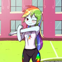 Size: 750x750 | Tagged: safe, artist:lumineko, derpibooru import, rainbow dash, equestria girls, equestria girls series, canterlot high, clothes, cute, dashabetes, female, high school, looking at you, one eye closed, pants, smiling, solo, stretching, wink