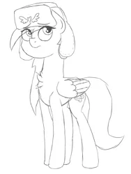 Size: 2255x3000 | Tagged: safe, artist:besttubahorse, derpibooru import, oc, oc:zippy snips, unofficial characters only, pegasus, pony, hat, insignia, monochrome, simple background, sketch, tall, thin, ushanka, white background