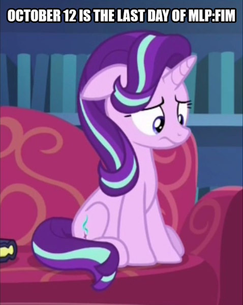 Size: 1076x1350 | Tagged: safe, derpibooru import, edit, edited screencap, screencap, starlight glimmer, pony, unicorn, every little thing she does, cropped, end of g4, end of ponies, female, mare, press f to pay respects, sad, solo, text, text edit