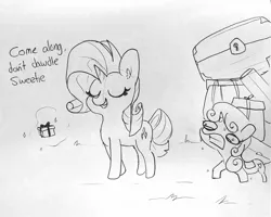 Size: 1742x1391 | Tagged: safe, artist:tjpones, derpibooru import, rarity, sweetie belle, pony, unicorn, sleepless in ponyville, cutie mark, female, filly, glowing horn, horn, lineart, magic, mare, raribitch, suitcase, sweat, telekinesis, the cmc's cutie marks
