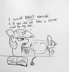 Size: 1401x1460 | Tagged: suggestive, artist:tjpones, derpibooru import, spike, twilight sparkle, twilight sparkle (alicorn), alicorn, dragon, pony, book, butt, dialogue, female, inkwell, male, mare, quill, twilight is not amused, unamused, wat