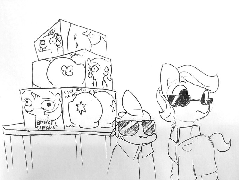 Size: 1860x1400 | Tagged: suggestive, artist:tjpones, derpibooru import, spike, dragon, earth pony, pony, 20 lbs of pussy and ass, clothes, disguise, implied fluttershy, implied princess ember, implied twilight sparkle, male, monochrome, sex toy, sunglasses, trenchcoat