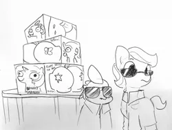 Size: 1860x1400 | Tagged: suggestive, artist:tjpones, derpibooru import, spike, dragon, earth pony, pony, 20 lbs of pussy and ass, clothes, disguise, implied fluttershy, implied princess ember, implied twilight sparkle, male, monochrome, sex toy, sunglasses, trenchcoat