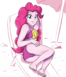 Size: 1968x2283 | Tagged: safe, artist:sumin6301, derpibooru import, pinkie pie, human, equestria girls, barefoot, beach, beach chair, clothes, feet, female, looking at you, one-piece swimsuit, sand, smiling, solo, swimsuit