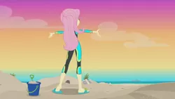 Size: 852x479 | Tagged: safe, derpibooru import, screencap, fluttershy, aww... baby turtles, equestria girls, equestria girls series, arms wide open, beach, behind, bikini, clothes, feet, female, heel pop, sandals, sole, solo, swimsuit, wetsuit
