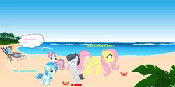 Size: 1070x537 | Tagged: safe, artist:anxet, artist:cyanlightning, artist:flutterschoer, artist:jawsandgumballfan24, artist:oshipush, artist:red4567, derpibooru import, fluttershy, rainbow dash, rumble, sweetie belle, oc, oc:cyan lightning, crab, pegasus, pony, unicorn, beach, bipedal, covering, dialogue, embarrassed, embarrassed nude exposure, humiliation, implied rumbelle, nudity, ocean, sand, smug, water, we don't normally wear clothes