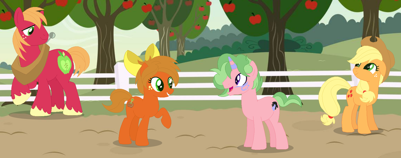 Size: 1721x681 | Tagged: safe, artist:razorbladetheunicron, derpibooru import, applejack, big macintosh, oc, oc:caramel ambrosia, oc:disco lights, earth pony, pony, unicorn, lateverse, apple, apple tree, base used, bow, cousins, cowboy hat, female, hat, magical lesbian spawn, male, mare, next generation, offspring, parent:applejack, parent:big macintosh, stallion, stetson, sweet apple acres, tree, unshorn fetlocks