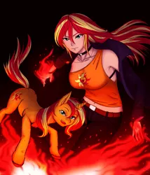 Size: 3000x3500 | Tagged: safe, artist:rittaruzira, derpibooru import, sunset shimmer, human, pony, unicorn, anime style, breasts, busty sunset shimmer, clothes, fiery shimmer, fire, high res, human ponidox, humanized, jacket, pants, self ponidox, solo