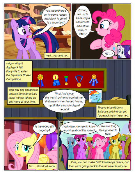 Size: 612x792 | Tagged: safe, artist:newbiespud, derpibooru import, edit, edited screencap, screencap, berry punch, berryshine, bon bon, carrot top, cherry berry, fluttershy, golden harvest, lily, lily valley, linky, pinkie pie, rainbow dash, rarity, shoeshine, sweetie drops, twilight sparkle, earth pony, pegasus, pony, unicorn, comic:friendship is dragons, the last roundup, background pony, background pony audience, book, bookcase, comic, dialogue, eyes closed, female, frown, golden oaks library, grin, mare, medal, screencap comic, smiling, unicorn twilight, worried