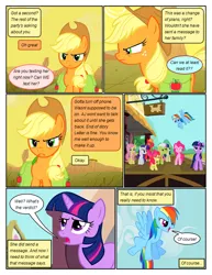 Size: 612x792 | Tagged: safe, artist:newbiespud, derpibooru import, edit, edited screencap, screencap, apple bloom, applejack, big macintosh, bon bon, fluttershy, granny smith, pinkie pie, rainbow dash, rarity, sweetie drops, twilight sparkle, earth pony, pegasus, pony, unicorn, comic:friendship is dragons, the last roundup, angry, background pony, bag, clothes, cloud, comic, dialogue, female, flying, freckles, frown, hat, male, mane six, mare, saddle bag, scarf, screencap comic, stallion, unicorn twilight, worried