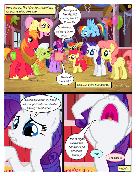 Size: 612x792 | Tagged: safe, artist:newbiespud, derpibooru import, edit, edited screencap, screencap, apple cobbler, big macintosh, fluttershy, gala appleby, granny smith, peachy sweet, rainbow dash, rarity, twilight sparkle, pony, unicorn, comic:friendship is dragons, the last roundup, apple family member, background pony, balloon, barn, bow, clothes, comic, dialogue, female, filly, glowing horn, hair bow, horn, implied applejack, letter, looking down, magic, male, mare, raised hoof, reading, scarf, screencap comic, stallion, telekinesis, unicorn twilight, unshorn fetlocks, worried