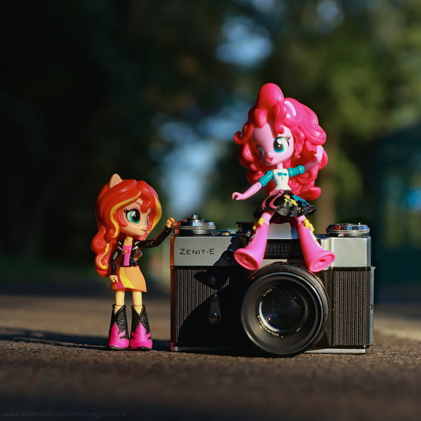 Size: 3640x3640 | Tagged: safe, artist:artofmagicpoland, derpibooru import, pinkie pie, sunset shimmer, equestria girls, 35mm camera, doll, equestria girls minis, eqventures of the minis, female, lesbian, ponk, shipping, sitting, slr, sunsetpie, toy, zenit