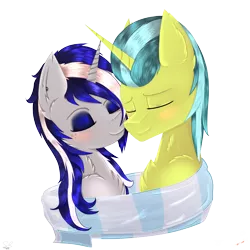 Size: 4002x4002 | Tagged: safe, artist:astarlitstudios, derpibooru import, oc, oc:free speech, oc:starlit nightcast, pony, unicorn, blushing, clothes, cute, gift art, scarf, shipping, snuggling