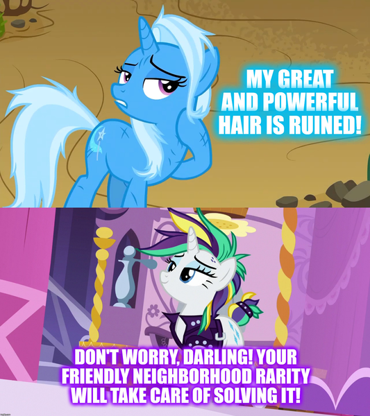 Size: 1920x2160 | Tagged: alternate hairstyle, caption, derpibooru import, edit, edited screencap, image macro, it isn't the mane thing about you, meme, punk, raripunk, rarity, road to friendship, safe, screencap, text, trixie, trixie yells at everything