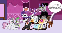 Size: 1218x661 | Tagged: semi-grimdark, artist:runepatriarch, derpibooru import, opalescence, rarity, spike, sweetie belle, cat, dragon, unicorn, blanket, carousel boutique, conjoined, conjoined twins, courage the cowardly dog, crossover, crying, cutie mark, elisa stitch, eliza stitch, female, ms paint, needle, quilt, siblings, sisters, winged spike