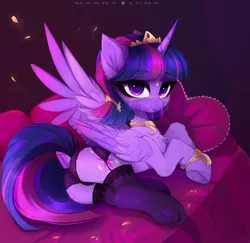 Size: 1920x1867 | Tagged: suggestive, artist:magnaluna, derpibooru import, twilight sparkle, twilight sparkle (alicorn), alicorn, pony, adorasexy, beautiful, beautisexy, butt, chest fluff, clothes, crown, curved horn, cute, dock, face veil, female, frog (hoof), garter belt, garters, harem outfit, horn, jewelry, mare, panties, regalia, sexy, socks, solo, solo female, stockings, stupid sexy twilight, thigh highs, tongue out, twibutt, underhoof, underwear, veil