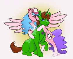 Size: 2675x2165 | Tagged: safe, artist:bellbell123, derpibooru import, oc, oc:bella pinksavage, oc:ryan, pony, annoyed look, birthday, brother and sister, cute, female, hat, hippie, hug, jewelry, male, necklace, peace symbol, siblings